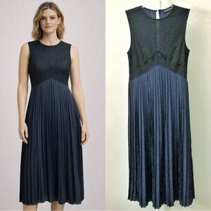 ZARA Pleated & Lace Romantic Elegant Navy Sleeveless Midi Dress. XS